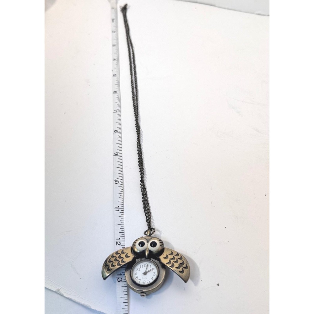 Vtg Owl Pendant Watch Necklace Bronze Steampunk Hidden Analog working clock - Picture 7 of 7